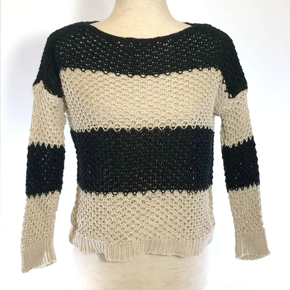 LOFT Black Cream Stripe Pullover Sweater Women's XS